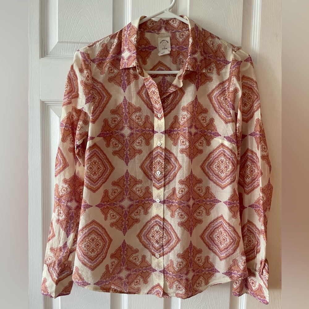 J. Crew Button-Down blouse w/ coral & purple boho pattern, silk + cotton blend